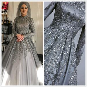 2020 Arabic Aso Ebi Muslim Luxurious Grey Wedding Dresses Lace Beaded Bridal Dresses Long Sleeves Wedding Gowns ZJ355