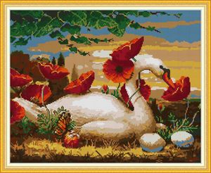 Swans among the flowers decor diy artwork kit ,Handmade Cross Stitch Craft Tools Embroidery Needlework sets counted print on canvas DMC 14CT /11CT