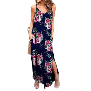 2019 Vestidos largos de verano Estampado floral Vestido de playa bohemio Vestido largo Sin mangas Vestido de fiesta de noche para mujer Vestidos Sueltos