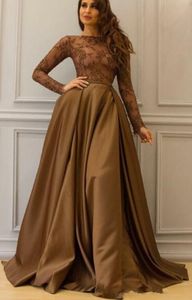 Illusion długie rękaw, choć najlepsze sukienki wieczorowe formalne 2019 koronkowe satynowe imperium sukienki w talii wieczor
