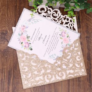 Convites lindos do casamento do ouro de Rosa Glitter Laser Cut Convites Cartões para o casamento Bridal do aniversário do aniversário do aniversário convites