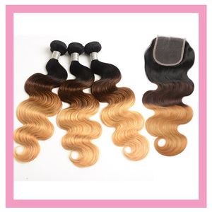 Brazilian Virgin 1B 27 Ombre Human Body Wave 3 Bundles With 4X4 Lace Closure Baby Hair 1B/4/27 Color 4 Pieces/lot