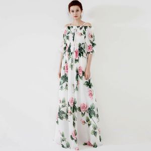 Women's Runway Dresses Slash Neckline Short Sleeves Floral Printed Elastric Waist Elegant Long Designer Dress