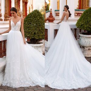 2020 Millanova Gorgeous Bridal Gowns Spaghetti Beading Appliques Lace A Line Bröllopsklänningar Tulle Court Tåg Bröllop Klänningar