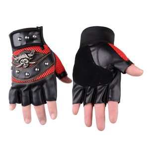 Fashion-PU Leather Fingerless Gloves Skulls Hip Hop Gym Gloves Kvinna Moto Half Finger Men's