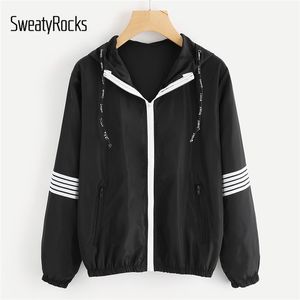 스웨트 록 스트라이프 슬리브 후드 워드 재킷 숙녀 블랙 후드 Drawstring 지퍼 위로 자켓 여성 운동 Sporting Jacket T5190612