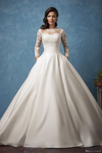 Rękaw prosta długą suknię balową A-line sukienki ślubne Eleganckie koronkowe satynowe suknie ślubne vestidos novia formalny sukienka szata de Mariee s