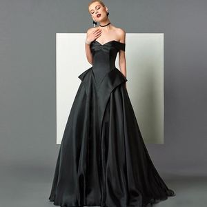 2019 elegant svart en linje kväll klänningar satin av axel backless prom klänningar golv längd sexiga klänningar för fest