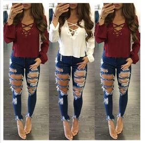 Women 's Fashion Ripped Jeans for Women Big Hole Ladies Long Skinny Jeans Long Jeans Pencil Stretch Butt Lift Pencil Pants S-XXL