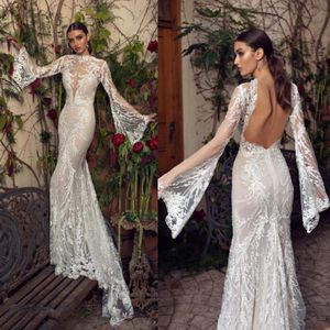 Abiti da sposa vintage a sirena 2019 Abiti da sposa in pizzo con scollo a barchetta Tromba senza schienale Abito da sposa maniche lunghe taglie forti economico