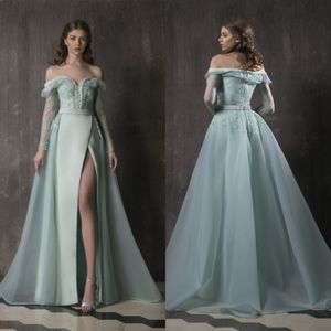 Chrystelle Atallah 2020 Prom Dresses Off Ramię Koronki Appliqued Suknie wieczorowe Sexy High Side Split Długie Rękawy A-Line Party Dress Sukienka