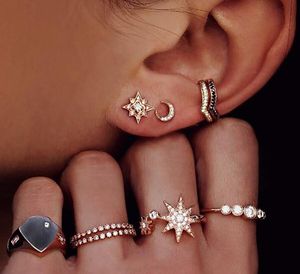 9 pcs/set Bohemian Moon Star Heart Stud Earrings Rings Set for Women 2019 Fashion Crystal Flower Earring Femme Valentines Day gifts