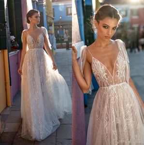 Eleganckie paski spaghetti koronki suknie ślubne 2020 iluzja aplikacja Ruched Długość podłogi Letnie Beach Linia Wedding Suknie Ślubne BC2399