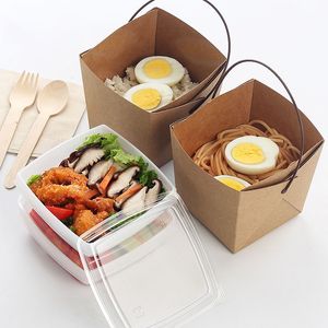 Scatola da pranzo usa e getta in carta Kraft con manico Contenitori per alimenti da viaggio con scatola da picnic a tenuta stagna a doppio strato antiolio