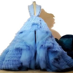 Sky Blue Special Celebrity Sukienki Wysokie Niski Ruffles Zroszony Długa Suknia Wieczorowa Runway Fashion Prom Suknie Custom Made