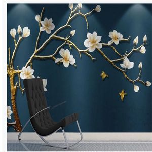 Fototapeten Wandtapete Moderne minimalistisch elegant dreidimensionaler goldenen Magnolie Blume TV Hintergrund Wandmalerei Hintergrundbilder