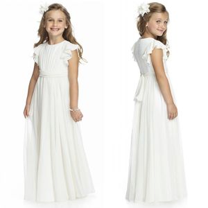 Billiga Ivory Flower Girl Dresses Unga Flickor Junior Bridesmaid Ruffled Sleeved Ruched Chiffon Lång Bröllopsfest Formellt Slitage med Sash