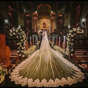 özel yapılmış katedral gelinlik toptan satış-Vintage Metre Uzun Katedral Düğün Veils Bir Kademeli Gelin Elbiseleri Peçe Dantel Aplike Tül Ücretsiz Tarak Ile Özel Yapılmış