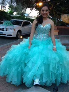 ingrosso turquoise ruffled quinceanera dress-Turchese Verde dolce Abiti Quinceanera Glitter Strass Perline Masquerade Ball Gowns Cascading Ruffles Pageant Prom Custom mad