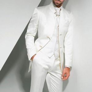新郎のための白いチュニックの結婚式のタキシードは中国風の2つのボタン習慣の男性の男性のスーツ3ピースの新郎のスーツ ジャケット パンツ ベスト