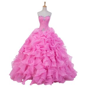 Nowy Design Pink Quinceanera Sukienki Sweetheart Kryształy Ruffles Organza Długość Piętro Długość Balowa Suknia Prom Suknie Lace Up Powrót Custom Made Q7