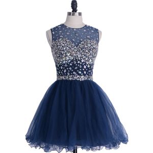 Latest Navy Blue Cocktail Dresses Crystal Bateau Beading Short Mini Tulle Ball Gown Ruched Homecoming Dress Charming Beach Party Gowns