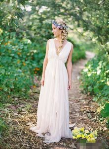 Grecian Backless Plaża Suknie Ślubne V Neck Płynący Vintage Boho Sukienka Bridal Line Vintage Grecka Bogini Style Style Styl
