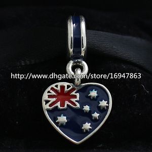 S925 Sterling Silver Australian Heart Flag Dangle Charm Bead met Emaille Past Europese Pandora Sieraden Armbanden Kettingen Hanger