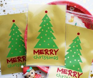 Wholesale christmas tree plastic bags for sale - Group buy golden green Christmas tree decoration cookie bag self adhesive plastic bags candy dessert package gift packing