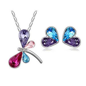 Newest Austria Crystal Jewelry Sets Double Colors Dragonfly Necklace Heart Earrings bracelet Set For Wedding Jewelry set