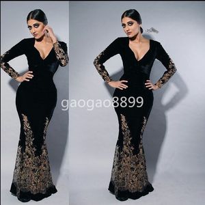Myriam Fares Czarny Z Długim Rękawem Formalny Party Suknie Wieczorowe Nosić Inlay Gold Lace Haft V Neck Mermaid Dubai Arabski Prom Sukienki