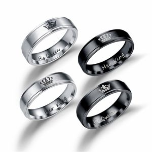 anillo de dedo rey reina al por mayor-Acero inoxidable su rey su reina anillo banda dedo plata negro pareja anillos para mujeres hombres amantes joyería de boda