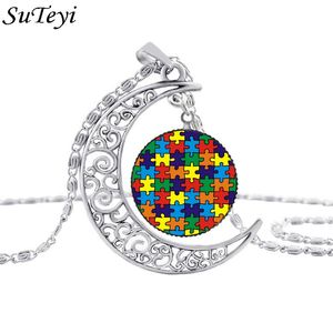 suteyi colorful puzzle tree symbol sliver moon take care of autism spread love necklace kids jewelry accessories