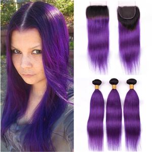 Ombre Purple Straight Human Hair Lace Closure Piece x4 with Weaves Dark Roots B Purple Ombre Brazilian Hair Bundles with Closure