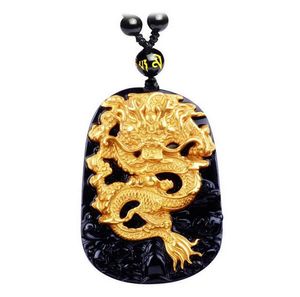 collar colgante de dragón al por mayor-Natural Obsidiana Negra Tallado Dragón Lucky Amuleto Colgante Collar Para Mujeres Hombres colgante
