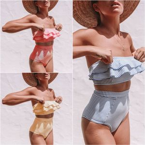 maiôs de listras para mulheres venda por atacado-Mulheres Swimwear Mulheres Sexy Push Up Bikinis Stripe Irregular Falbaa Cintura Alta Dois Peça Swimsuit Beach Style Shoaking Ternos