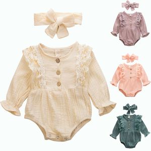 Emmababy Newborn Infant Kid Baby Girl Long Sleeve Lace Patchwork Bodysuit Jumpsuit Playsuit Clothes Headband Autumn