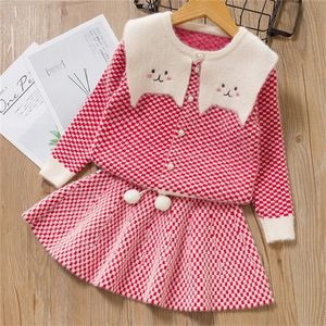 Wholesale cute short teen dresses resale online - Cute cartoon houndstooth cat loose kint kids winter short dresses teen girls clothing midi sweater and skirt two sets for baby girl