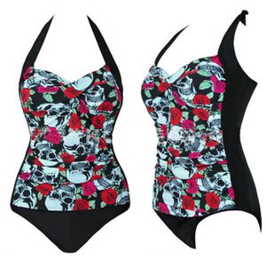 Sexy Kobiety Strappy One Piece Swimsuit Czaszka Print Halter Backless Beachwear Wysokiej Talii Stroje Kąpielowe Plus Size Letnia Odzież M XL