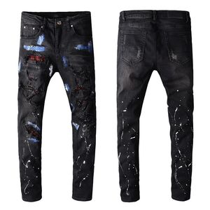 Męskie dżinsy Crystal Blue Malowane Czarne Moda Slim Chinny Rhinestone Otwory Zgrywanie Patchwork Stretch Dżnowie Spodnie