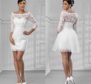 short bridal reception dresses toptan satış-Modern Kısa Düğün Resepsiyon Elbiseler Elbisesi Beyaz Ayrılabilir Etek Kepçe Boyun Kollu Dantel Elbise Gelinlikleri ile