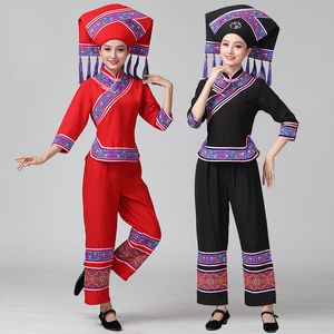 miao kostümleri toptan satış-Guangksi kostüm Tujia ve Miao Kıyafet yi azınlık dans elbise kadın azınlık Tatil parti giyim Şapka Ceket Pantolon
