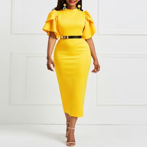 kılıf ipek elbiseleri toptan satış-Kadın ofis elbise bayanlar sarı elbise çalışma kız fırfır fermuar artı boyutu akşam yaz bodycon midi elbiseler kılıf ince