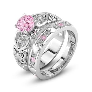 juego de anillos de novia al por mayor-Forma del corazón de la piedra natal rosa natural plateada plateada para las mujeres de la moda anillo de la novia Princesa de la boda anillos de compromiso de la boda