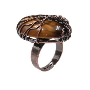 Hurtownie sztuk Miedź Plated Resizable Finger Ring Wire Wrap Owalny Kształt Tiger Eye Stone Green Aventuryn Jewelry