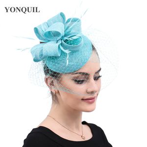Wholesale feather wedding veils resale online - Turquoise Classic nesh Fascinating Hair Clip Hat Headband Bowler Feather Bridal wedding Veil Wedding Party New Hair Clip free ship SYF567