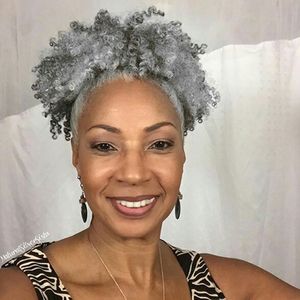 gri afro saç parçaları toptan satış-Gri Saç Örgü At Kuyruğu Saç Parça Klip Afro Kinky Insan Bakire Şal Gri İpli At Kuyruk Kadın Hairpieces inç