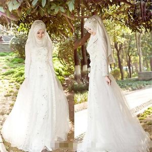 Wholesale long veil wedding dresses resale online - Vintage Muslim Wedding Dresses With Sparkly Beads Crystals Hijab Veil Tulle Lace Bridal Gowns Long Sleeves Sweep Train Wedding Bridal Gowns
