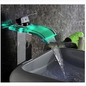 Square High Waterfall Water Tap Blue Platform Bathroom LED Sink Faucet Basin No Battery Single Handle Glass Spout my bb