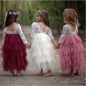 çocuklar düğün kovanlar elbiseler toptan satış-Bahar Dantel Tutu Çiçek Kız Elbise Sheer Uzun Kollu Kısa Çocuklar Doğum Günü Communion Elbise Yaz Plaj Düğün Parti Törenlerinde MC1680